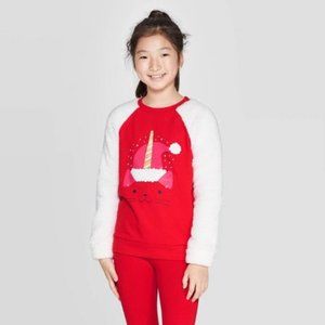 Girls' Red Christmas Cat Unicorn Pullover